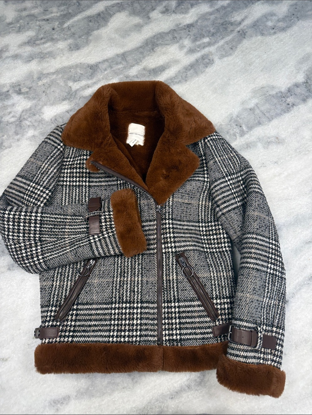 Avec Les Filles Gray Glen Plaid Jacket with Brown Faux Fur Trim Women’s S